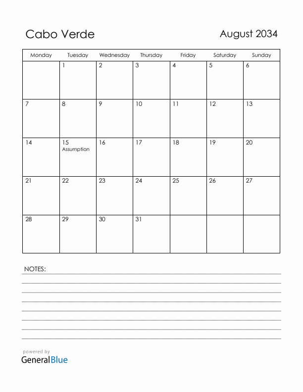 August 2034 Cabo Verde Calendar with Holidays (Monday Start)