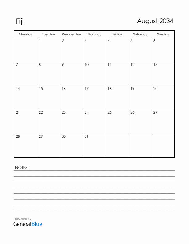 August 2034 Fiji Calendar with Holidays (Monday Start)