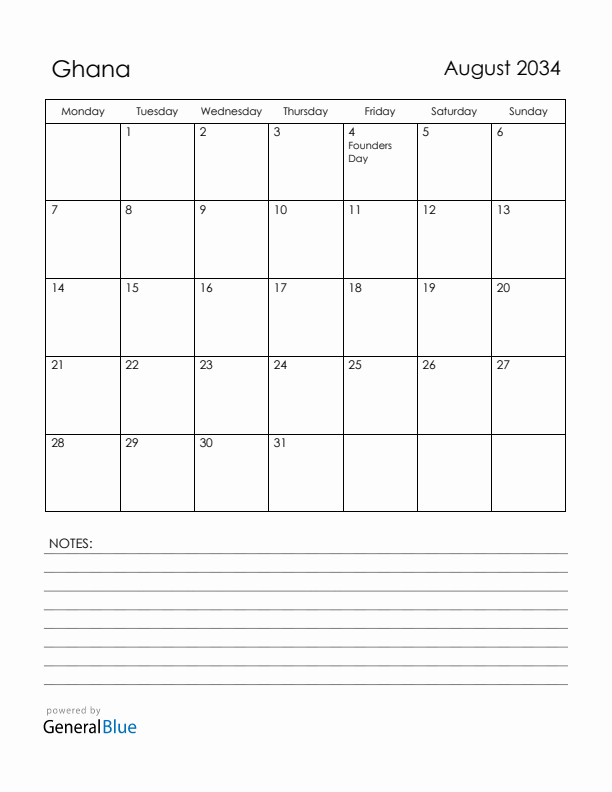 August 2034 Ghana Calendar with Holidays (Monday Start)