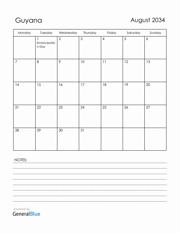 August 2034 Guyana Calendar with Holidays (Monday Start)