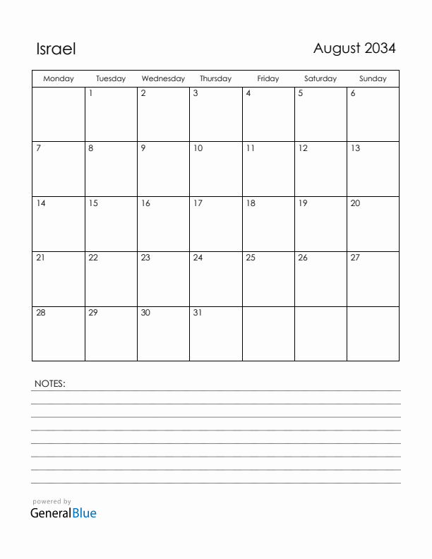 August 2034 Israel Calendar with Holidays (Monday Start)