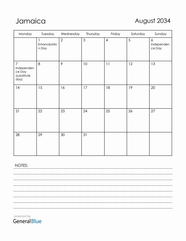 August 2034 Jamaica Calendar with Holidays (Monday Start)