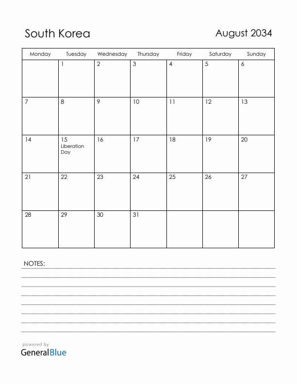 August 2034 South Korea Calendar with Holidays (Monday Start)