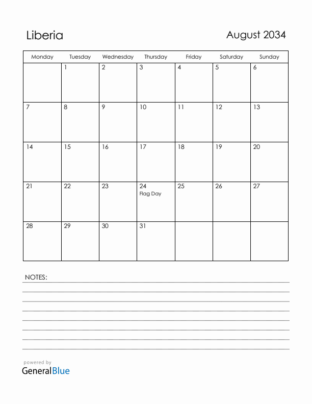 August 2034 Liberia Calendar with Holidays (Monday Start)