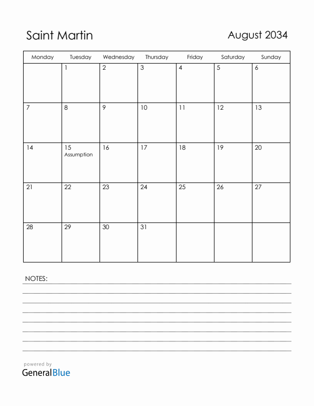 August 2034 Saint Martin Calendar with Holidays (Monday Start)
