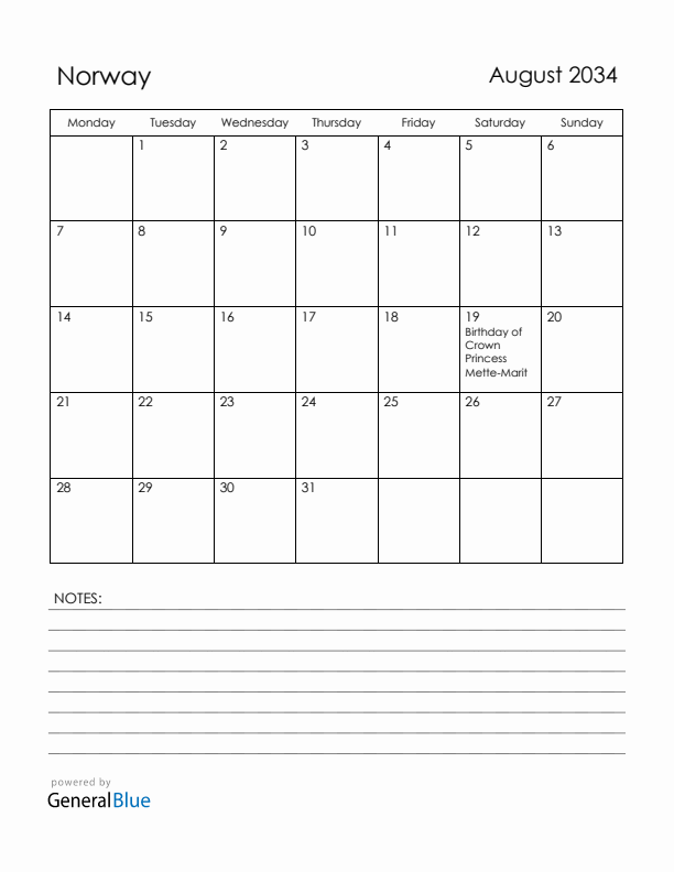 August 2034 Norway Calendar with Holidays (Monday Start)