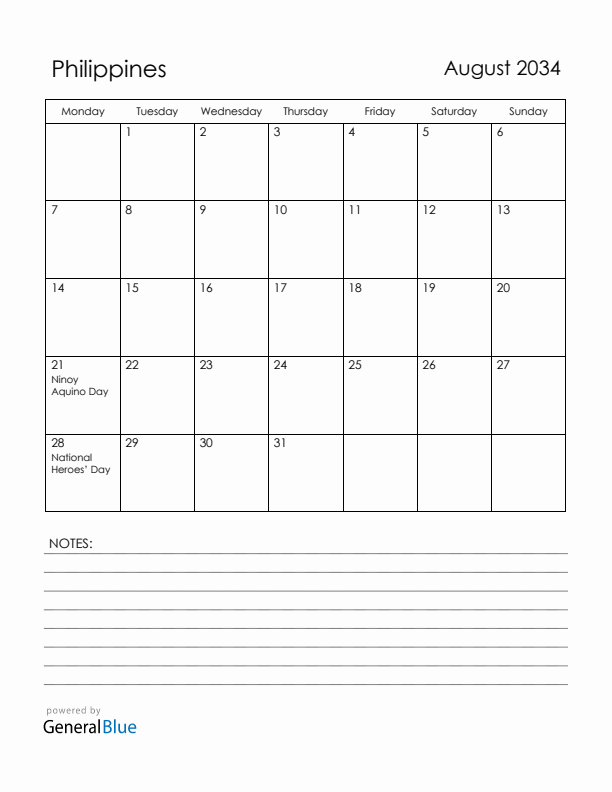 August 2034 Philippines Calendar with Holidays (Monday Start)