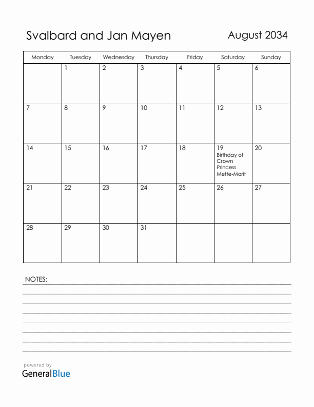 August 2034 Svalbard and Jan Mayen Calendar with Holidays (Monday Start)