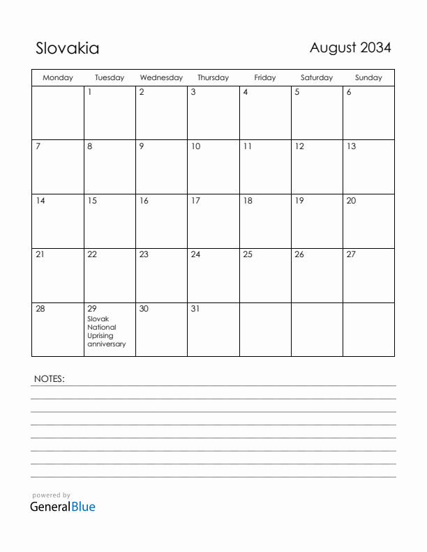 August 2034 Slovakia Calendar with Holidays (Monday Start)