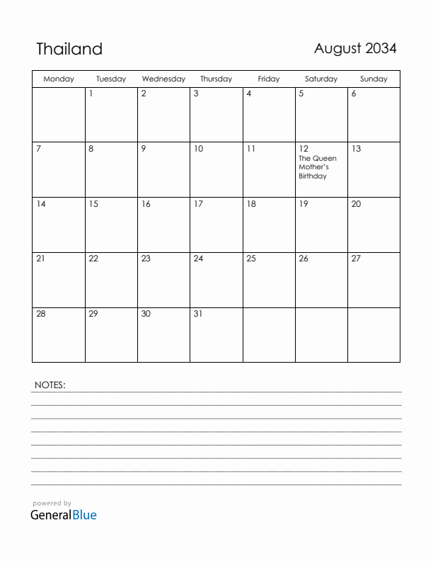 August 2034 Thailand Calendar with Holidays (Monday Start)