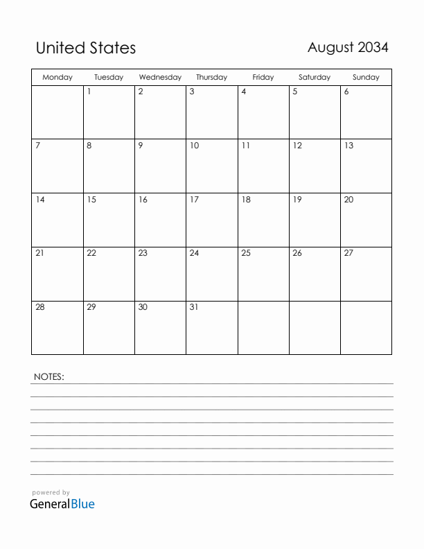 August 2034 United States Calendar with Holidays (Monday Start)