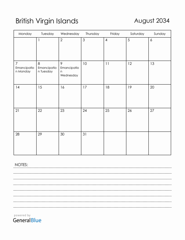August 2034 British Virgin Islands Calendar with Holidays (Monday Start)