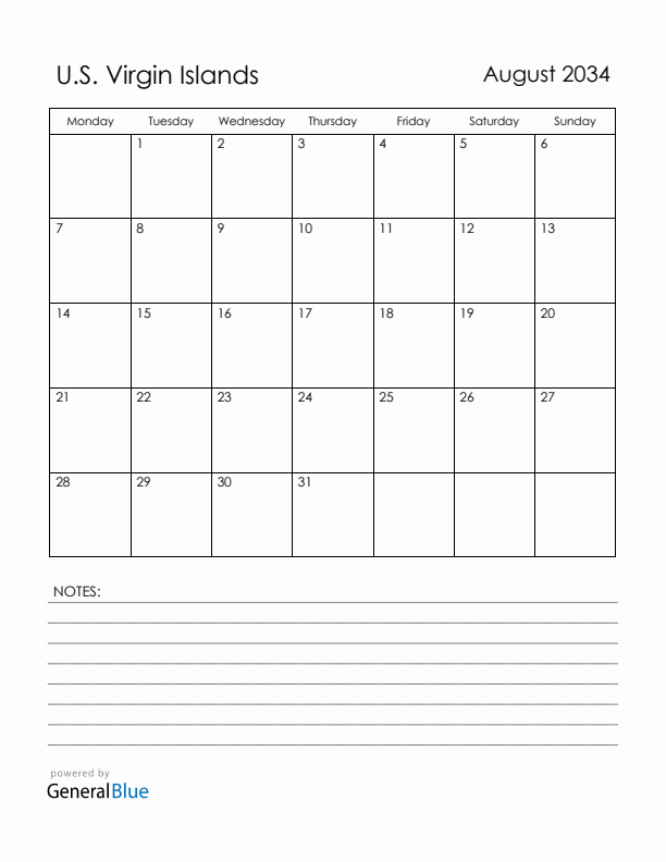 August 2034 U.S. Virgin Islands Calendar with Holidays (Monday Start)