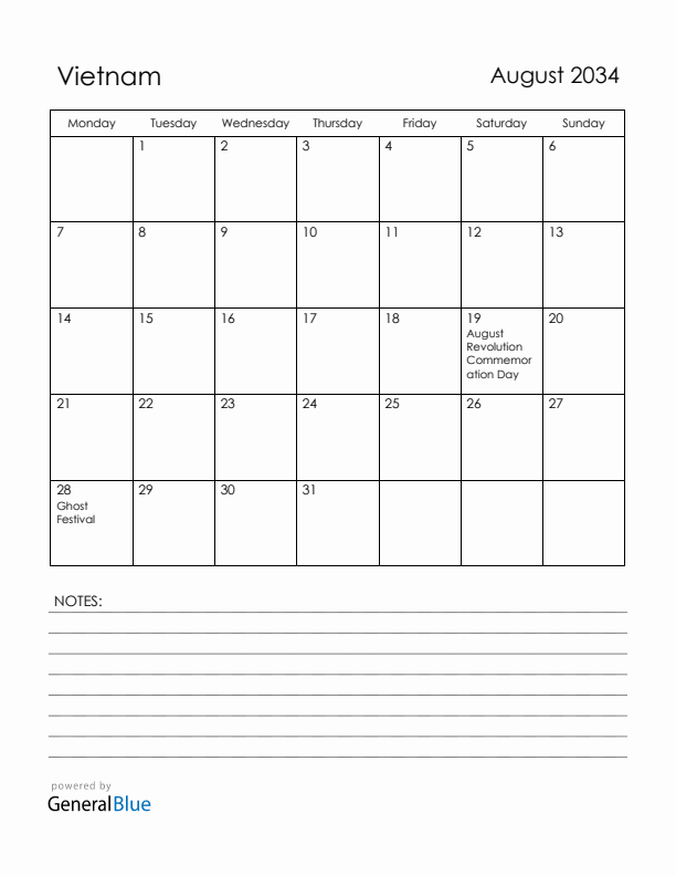 August 2034 Vietnam Calendar with Holidays (Monday Start)