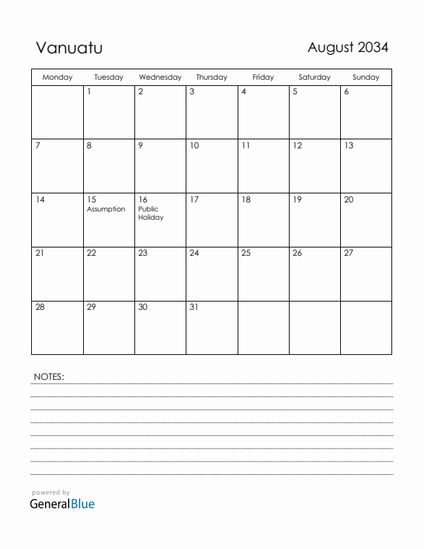 August 2034 Vanuatu Calendar with Holidays (Monday Start)