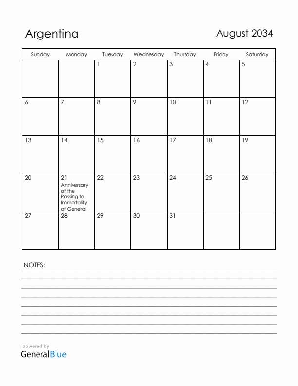 August 2034 Argentina Calendar with Holidays (Sunday Start)