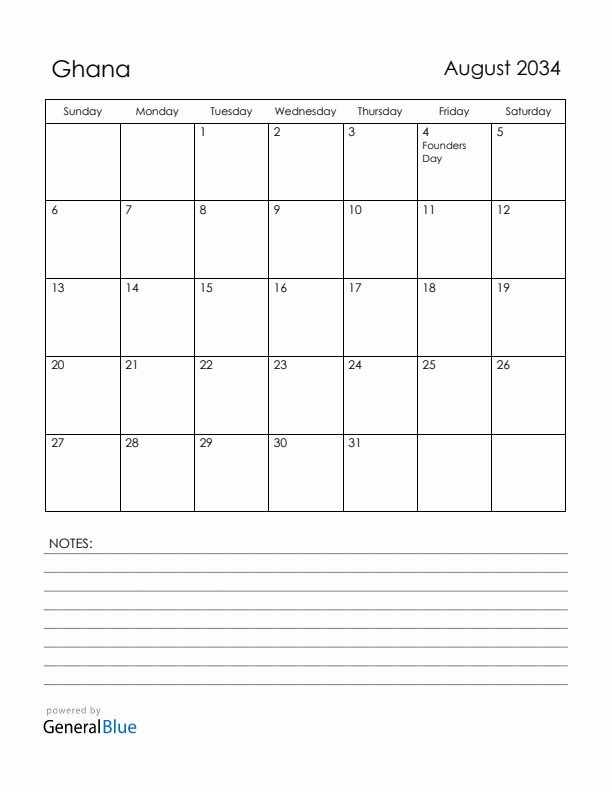 August 2034 Ghana Calendar with Holidays (Sunday Start)