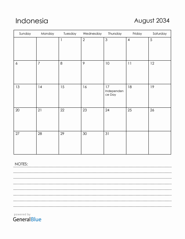August 2034 Indonesia Calendar with Holidays (Sunday Start)