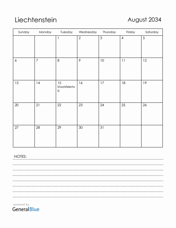 August 2034 Liechtenstein Calendar with Holidays (Sunday Start)