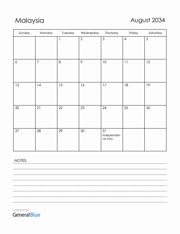 August 2034 Malaysia Calendar with Holidays (Sunday Start)