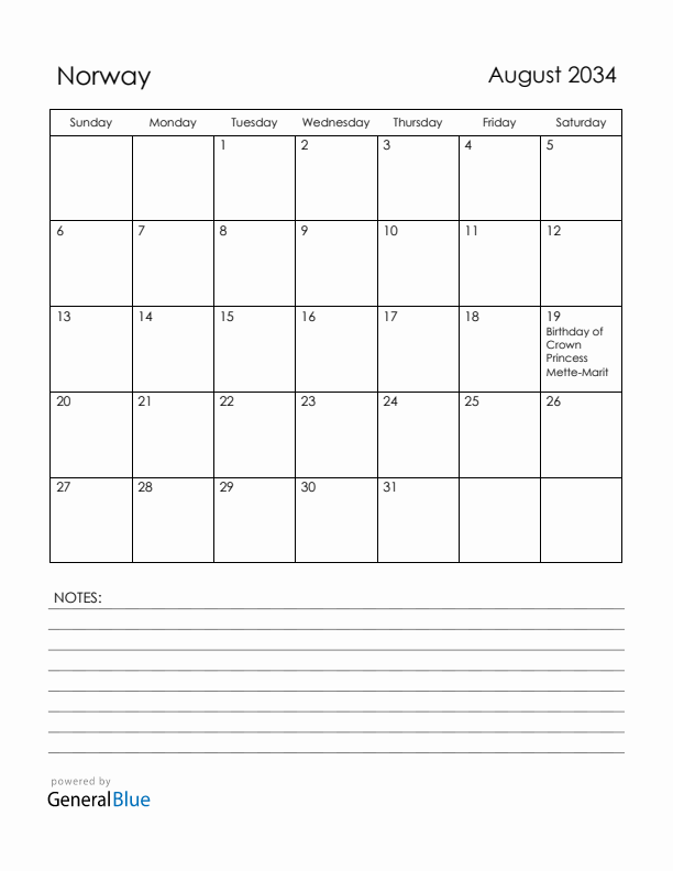 August 2034 Norway Calendar with Holidays (Sunday Start)