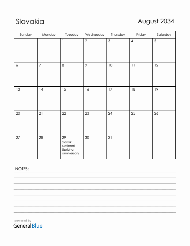 August 2034 Slovakia Calendar with Holidays (Sunday Start)
