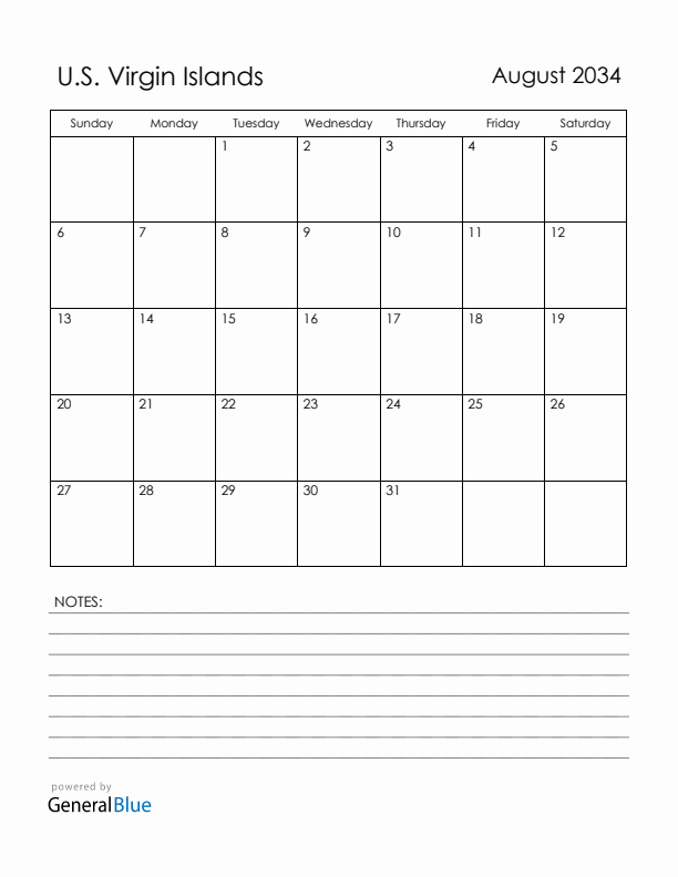 August 2034 U.S. Virgin Islands Calendar with Holidays (Sunday Start)