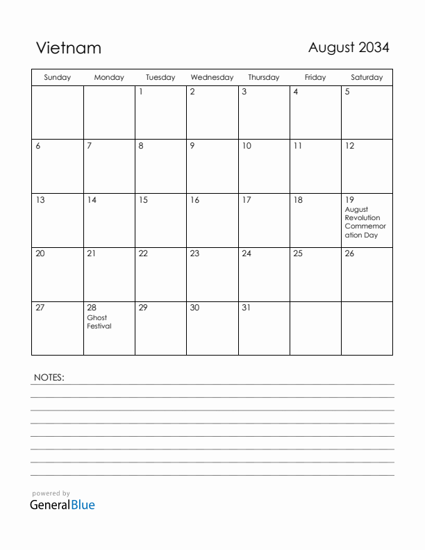 August 2034 Vietnam Calendar with Holidays (Sunday Start)