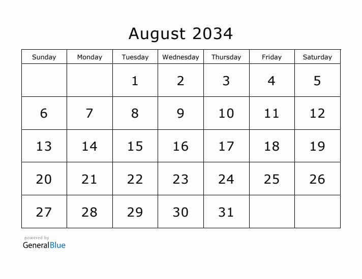 Printable August 2034 Calendar - Sunday Start