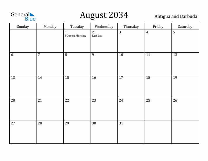August 2034 Calendar Antigua and Barbuda