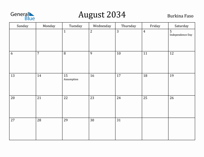 August 2034 Calendar Burkina Faso