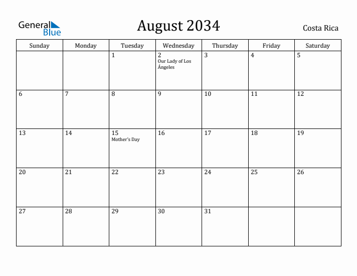 August 2034 Calendar Costa Rica