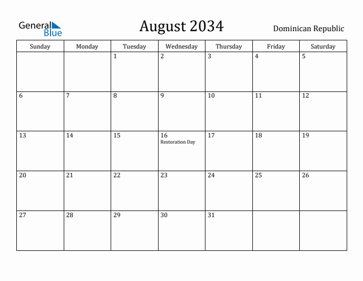 August 2034 Calendar Dominican Republic