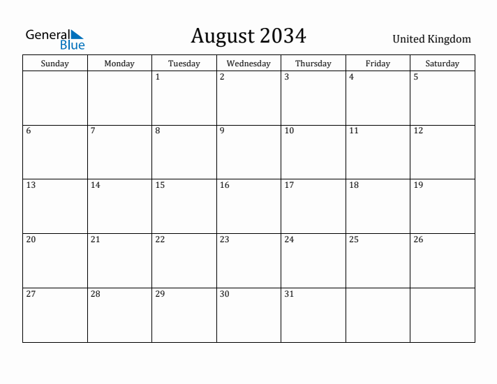 August 2034 Calendar United Kingdom