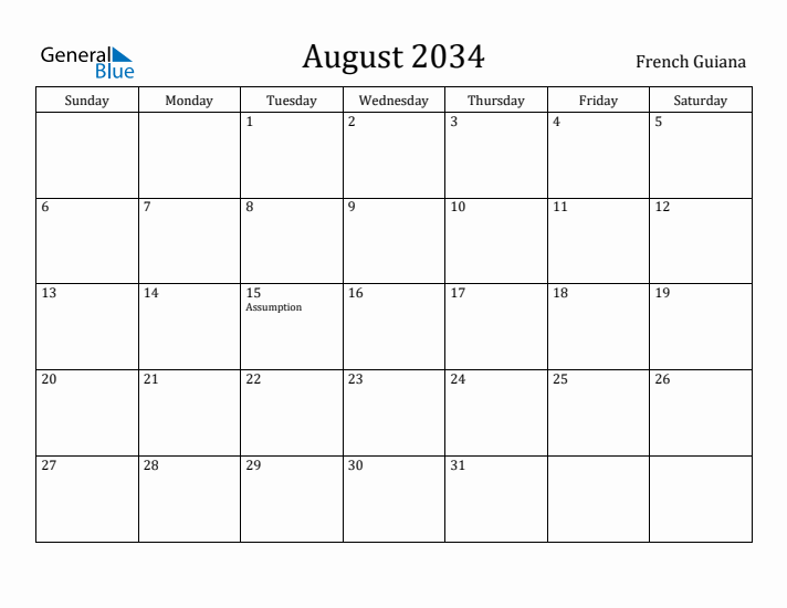 August 2034 Calendar French Guiana