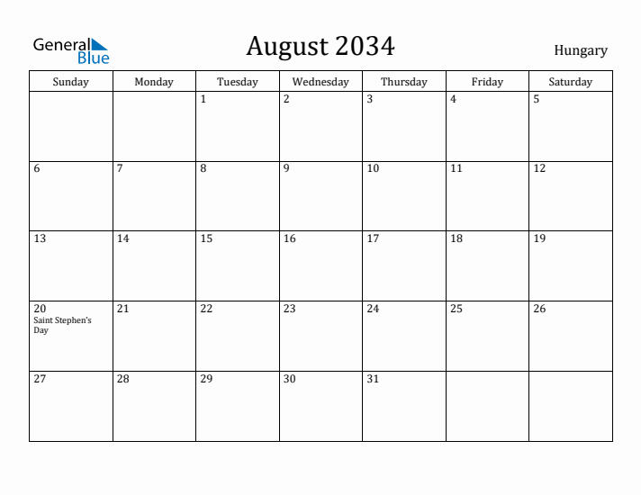 August 2034 Calendar Hungary