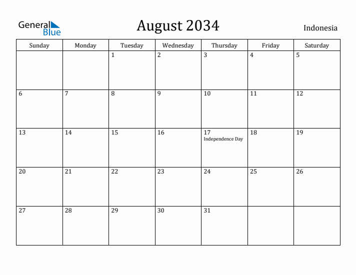 August 2034 Calendar Indonesia