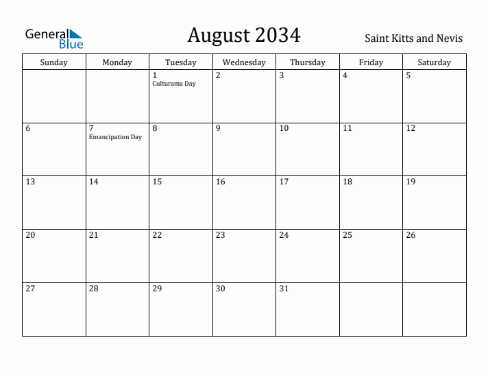 August 2034 Calendar Saint Kitts and Nevis