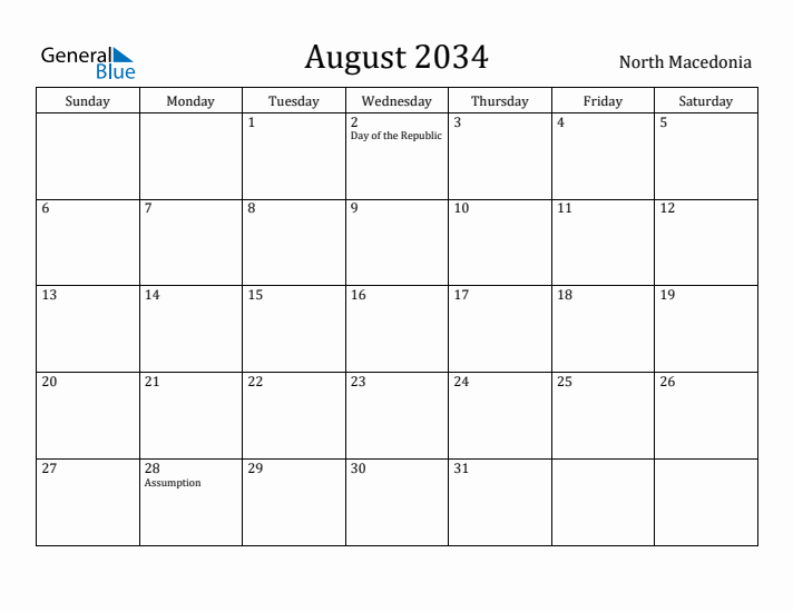 August 2034 Calendar North Macedonia