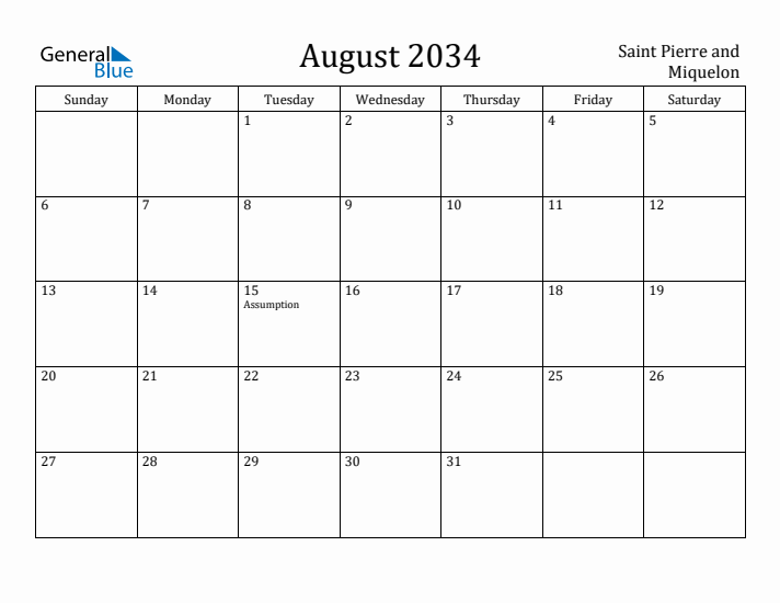 August 2034 Calendar Saint Pierre and Miquelon