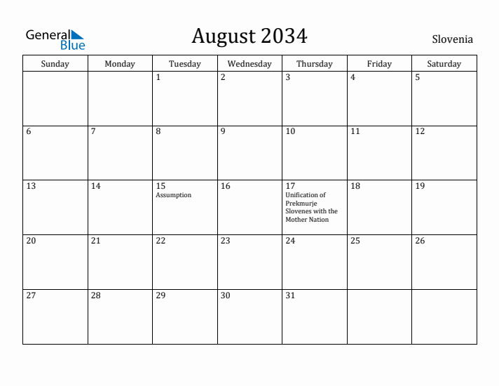August 2034 Calendar Slovenia