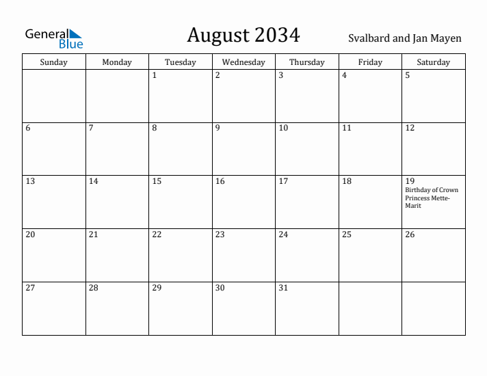 August 2034 Calendar Svalbard and Jan Mayen