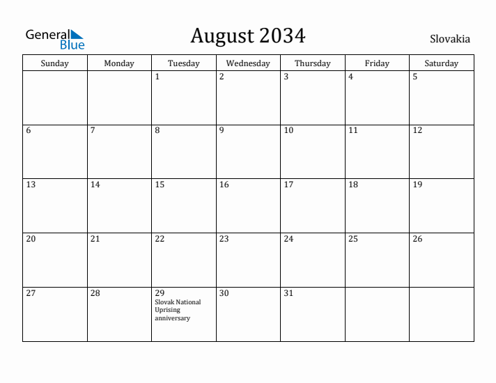 August 2034 Calendar Slovakia