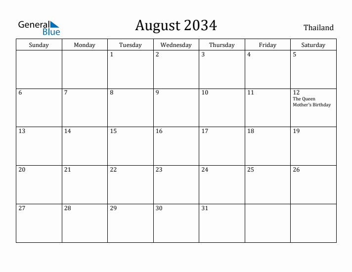 August 2034 Calendar Thailand