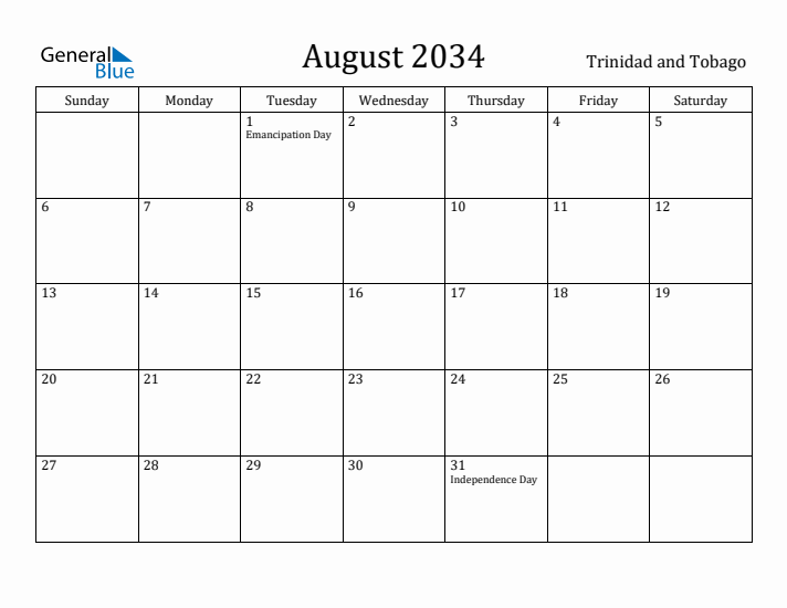 August 2034 Calendar Trinidad and Tobago