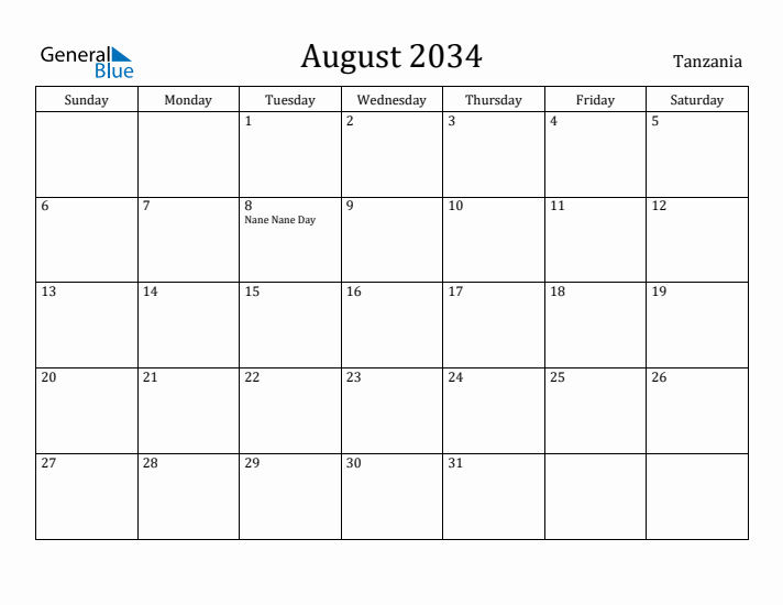 August 2034 Calendar Tanzania