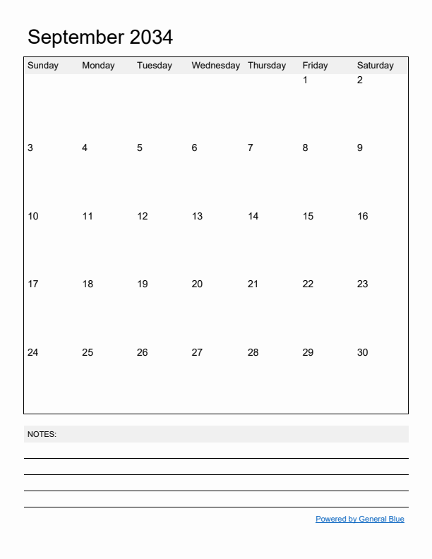 Basic Monthly Calendar Template for September 2034