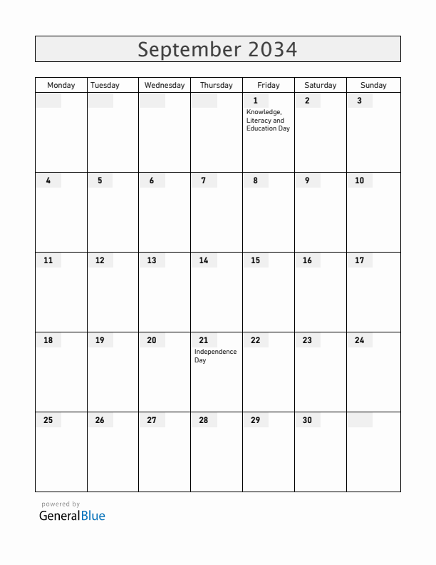 Armenia September 2034 Calendar with Holidays