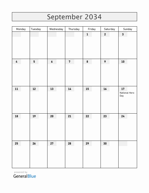 Angola September 2034 Calendar with Holidays