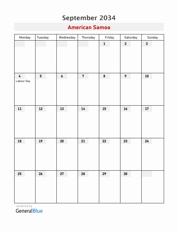 American Samoa September 2034 Calendar with Holidays